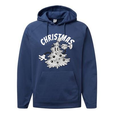 Retro Vintage Christmas Tree Cartoon Merry & Bright Performance Fleece Hoodie