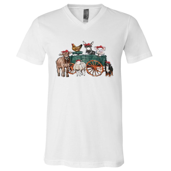 Retro Vintage Cute Farm Animals Farmer Farming V-Neck T-Shirt