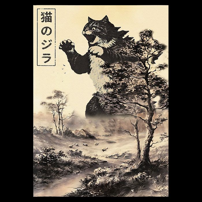 Retro Vintage Cat Japanese Art Catzilla Legendary Rare Kaiju Gift Button