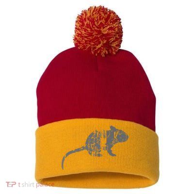 Rat Vintage Design Rat Print Pom Pom 12in Knit Beanie