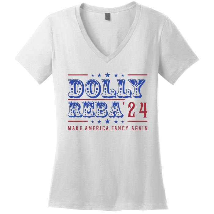 Retro Vintage Dolly And Reba 2024 Make America Fancy Again Women's V-Neck T-Shirt