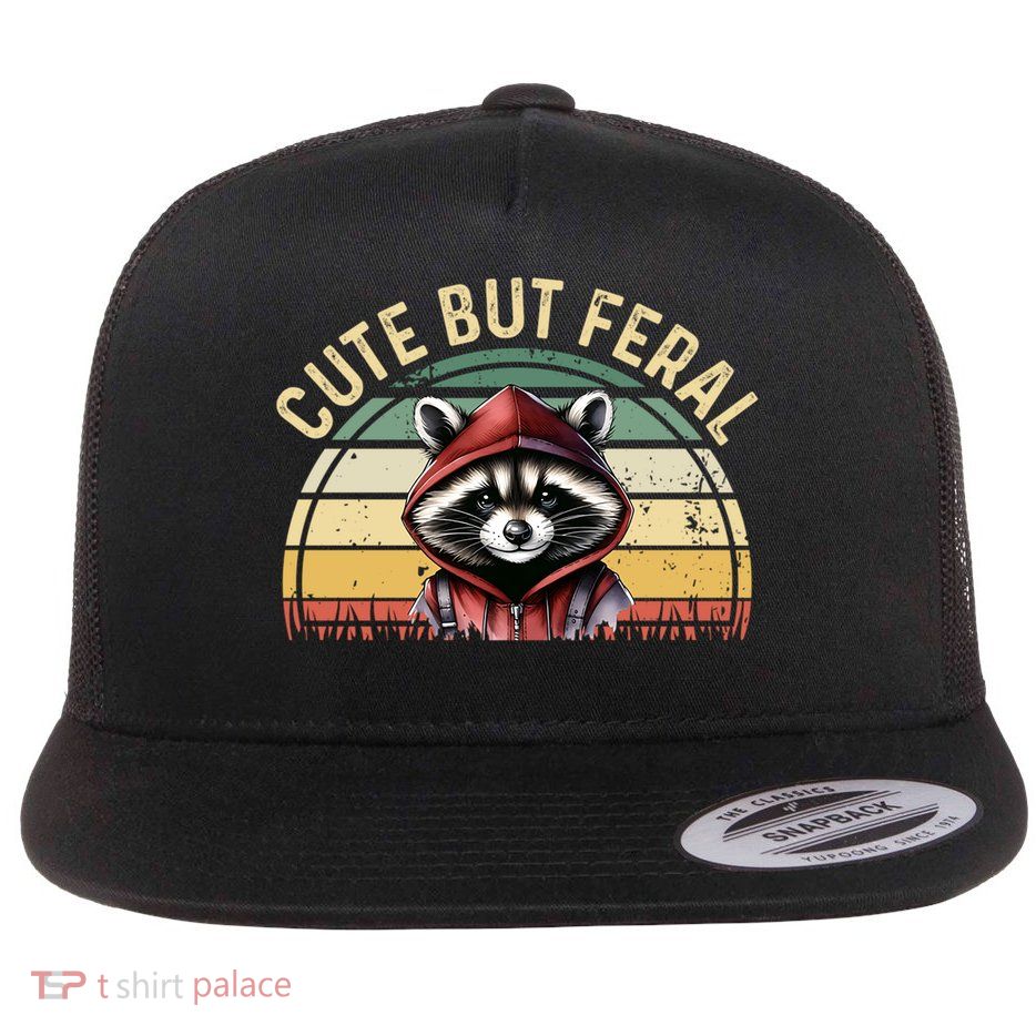 Retro Vintage Design Funny Summer Raccoon Cute But Feral  Flatbill Hat