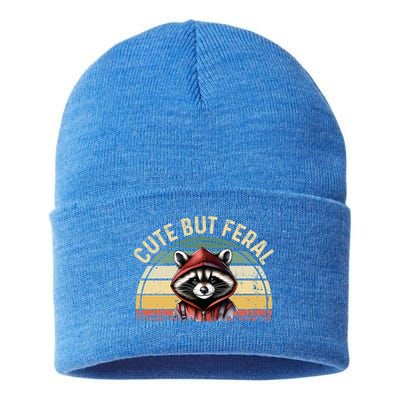 Retro Vintage Design Funny Summer Raccoon Cute But Feral  Sustainable Knit Beanie