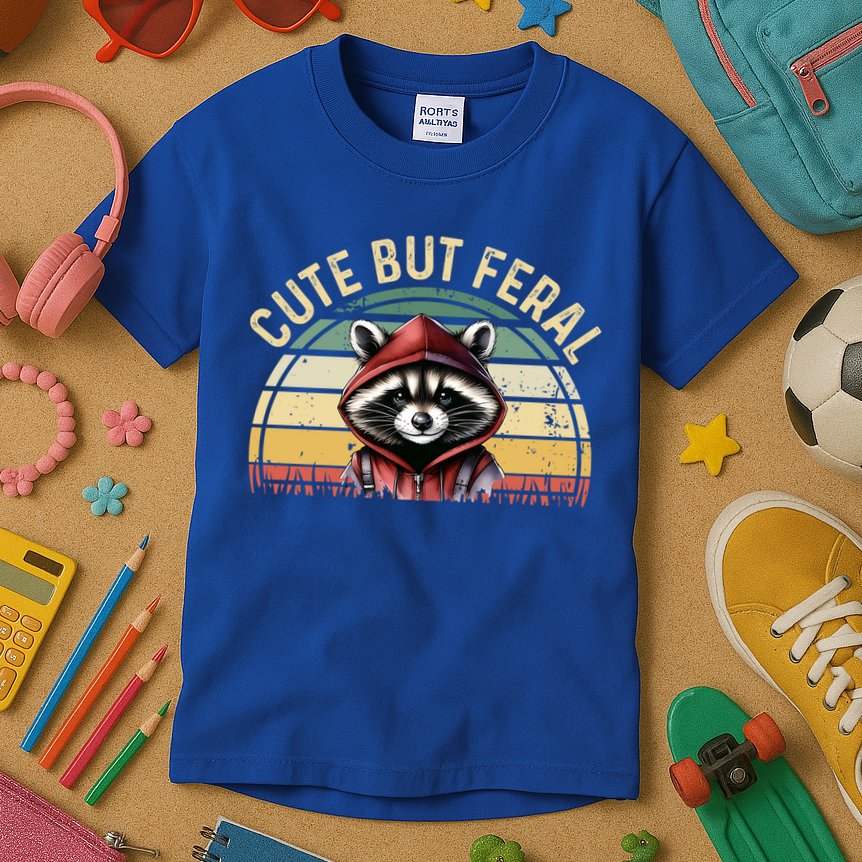 Retro Vintage Design Funny Summer Raccoon Cute But Feral  Kids T-Shirt