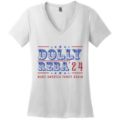Retro Vintage Dolly And Reba 2024 Make America Fancy Again Women's V-Neck T-Shirt