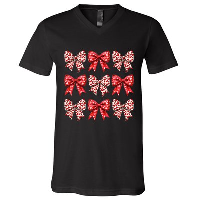 Retro Valentines Day Heart Coquette Bow V-Neck T-Shirt