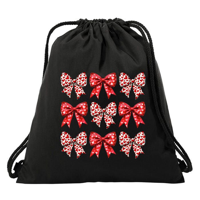 Retro Valentines Day Heart Coquette Bow Drawstring Bag