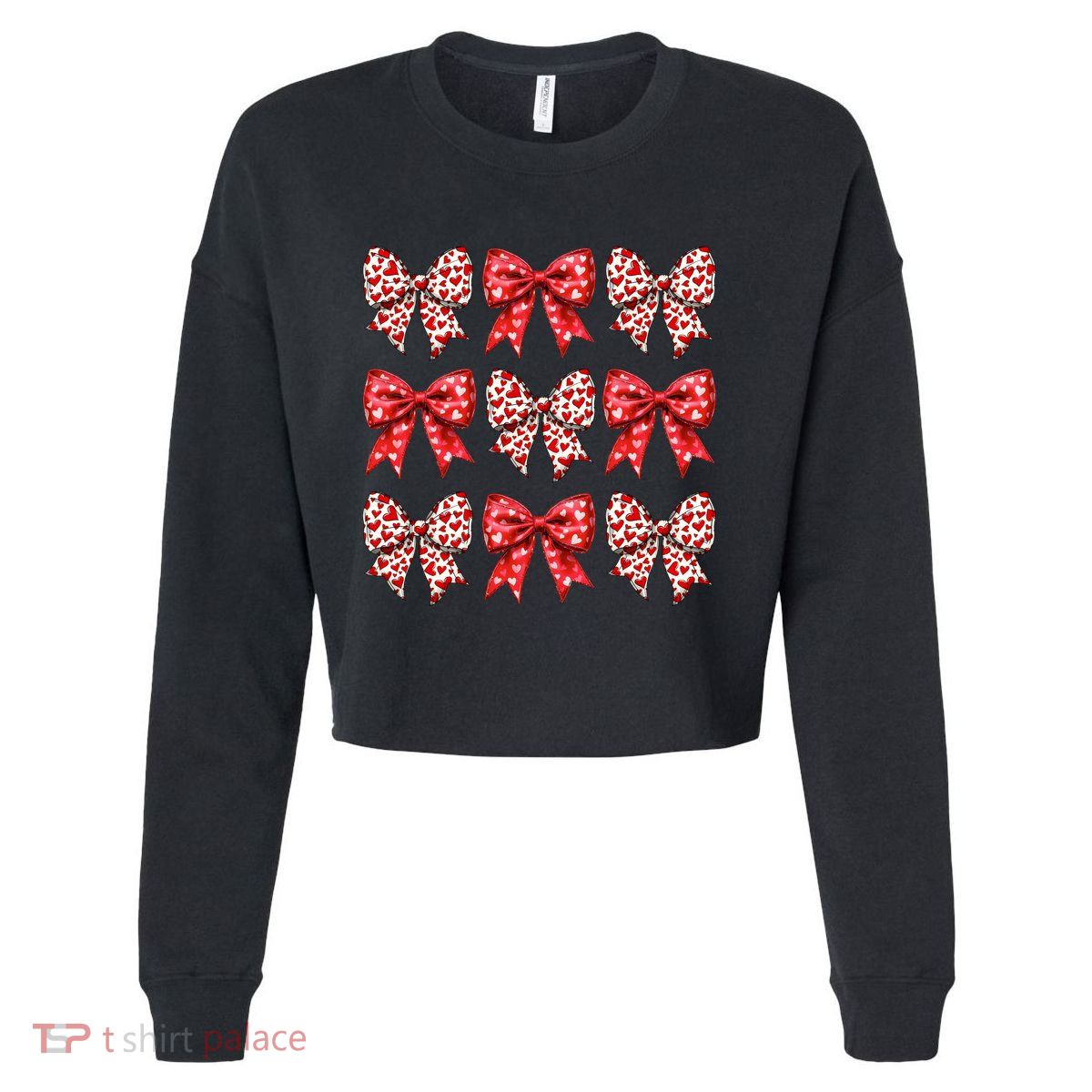 Retro Valentines Day Heart Coquette Bow Cropped Pullover Crew