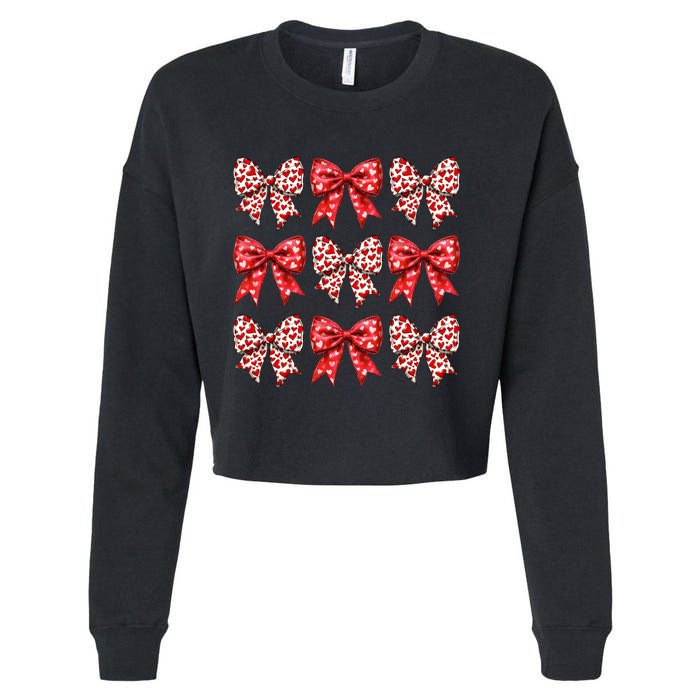 Retro Valentines Day Heart Coquette Bow Cropped Pullover Crew