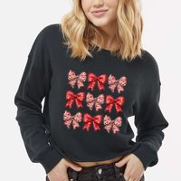 Retro Valentines Day Heart Coquette Bow Cropped Pullover Crew