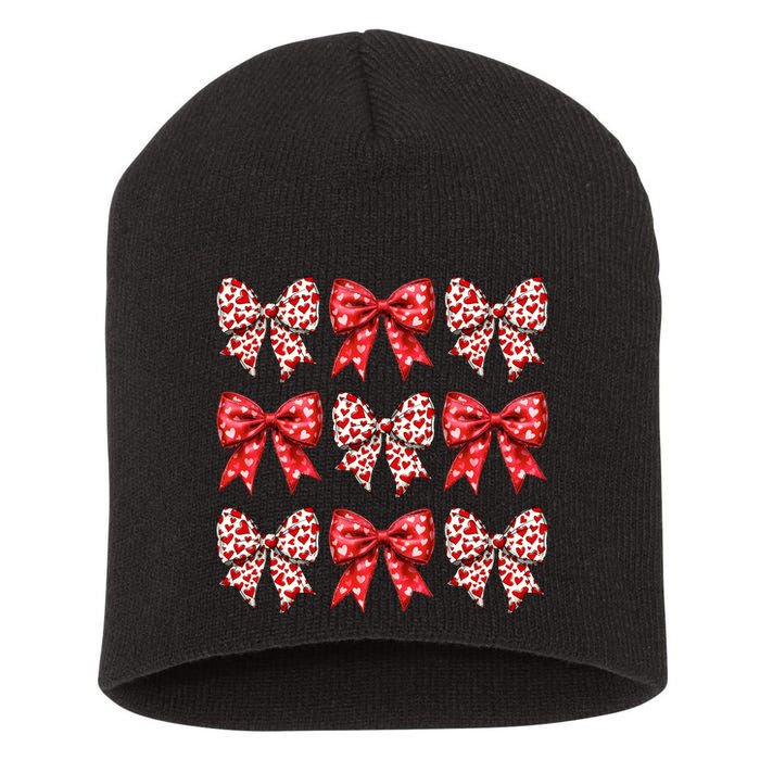 Retro Valentines Day Heart Coquette Bow Short Acrylic Beanie