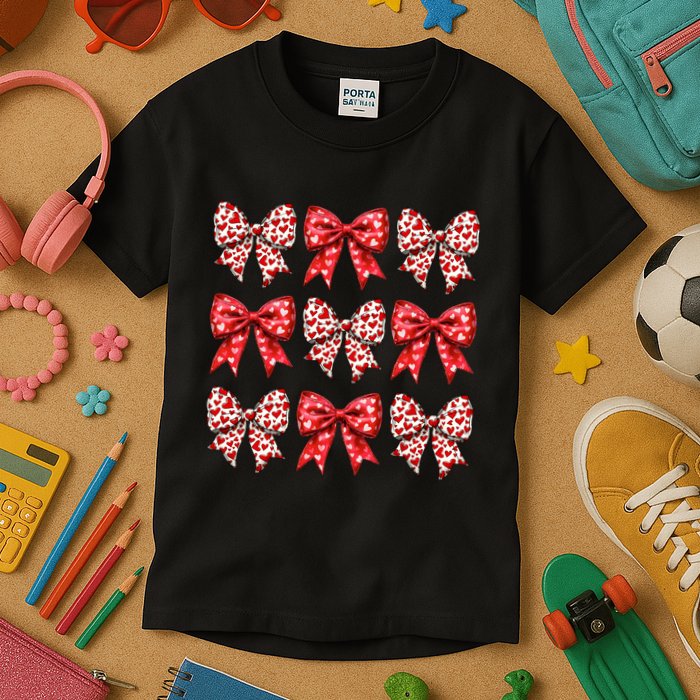 Retro Valentines Day Heart Coquette Bow Kids T-Shirt