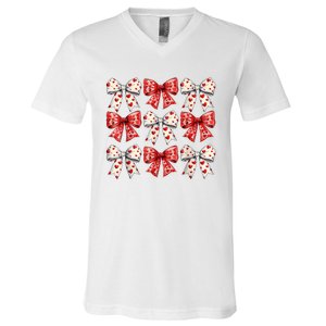 Retro ValentineS Day Heart Coquette Bow Women V-Neck T-Shirt