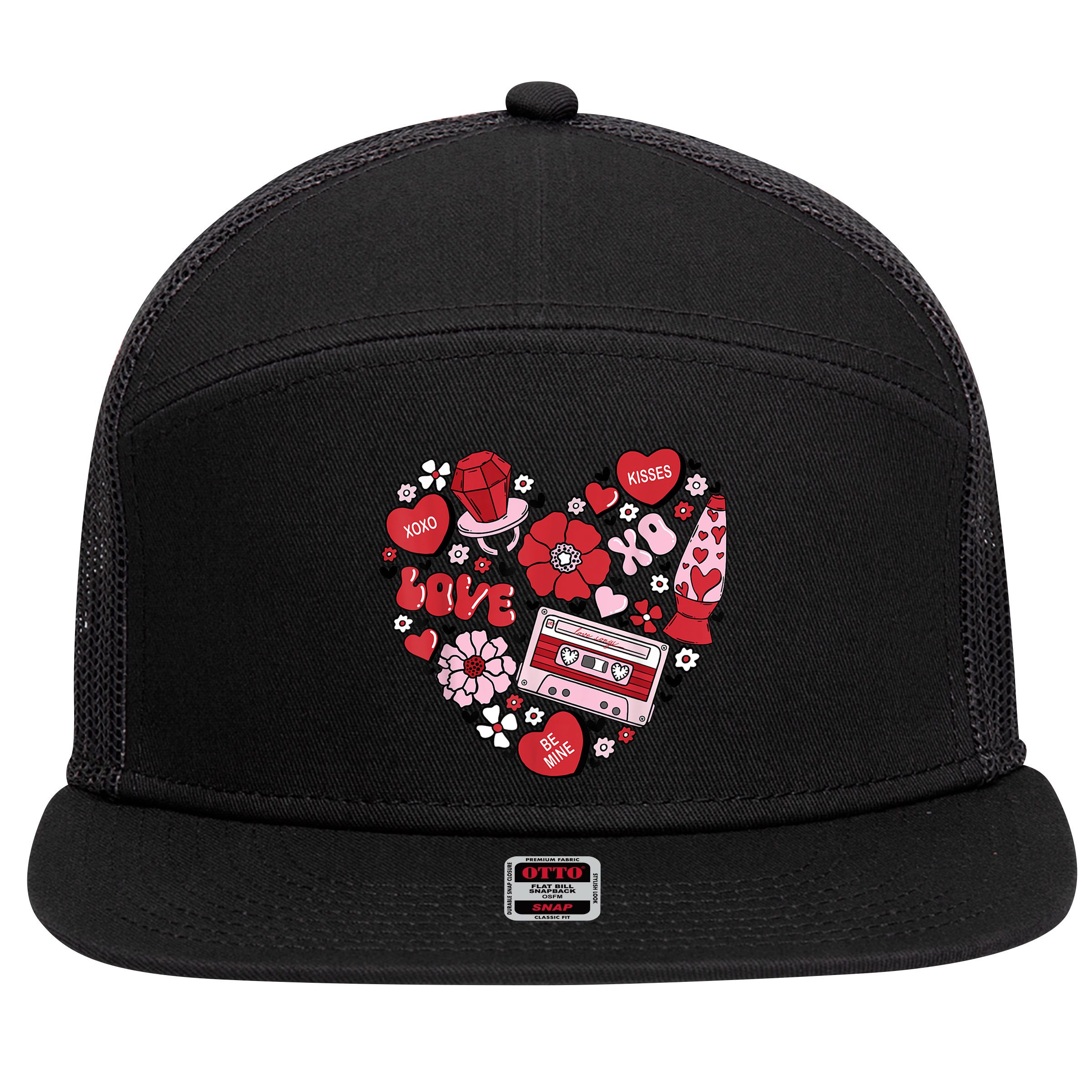 Retro Valentines Day Love Groovy Valentines Hearts 7 Panel Mesh Trucker Snapback Hat