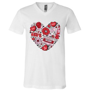 Retro Valentines Day Love Groovy Valentines Hearts V-Neck T-Shirt