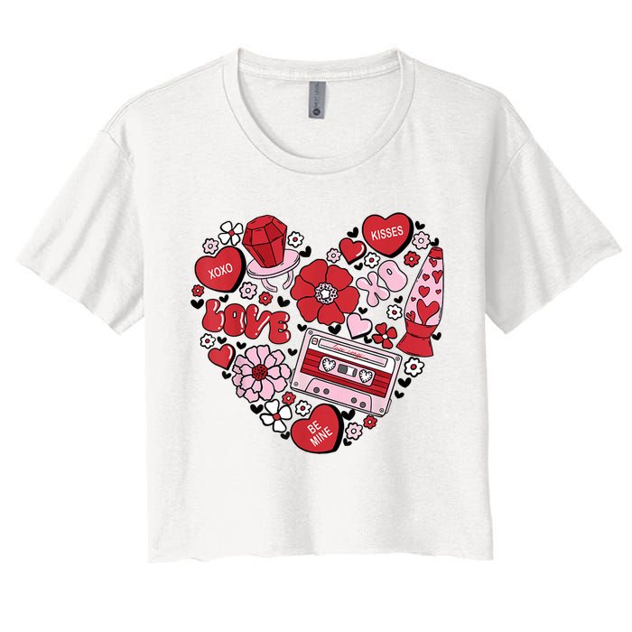 Retro Valentines Day Love Groovy Valentines Hearts Women's Crop Top Tee