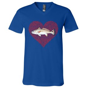 Redfish Valentines Day Fish Love Fingerprint Gift V-Neck T-Shirt