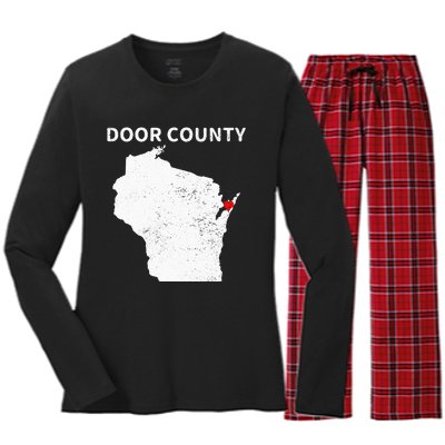 Retro Vintage Door County Wisconsin WI Map Love Heart Print Women's Long Sleeve Flannel Pajama Set 