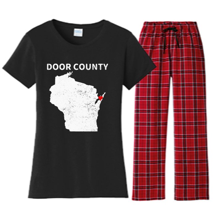 Retro Vintage Door County Wisconsin WI Map Love Heart Print Women's Flannel Pajama Set