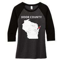 Retro Vintage Door County Wisconsin WI Map Love Heart Print Women's Tri-Blend 3/4-Sleeve Raglan Shirt