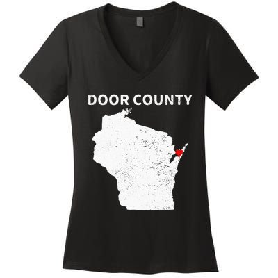 Retro Vintage Door County Wisconsin WI Map Love Heart Print Women's V-Neck T-Shirt