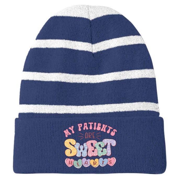 Retro Valentine's Day Nurse My Patients Are Sweet Hearts CNA Striped Beanie with Solid Band