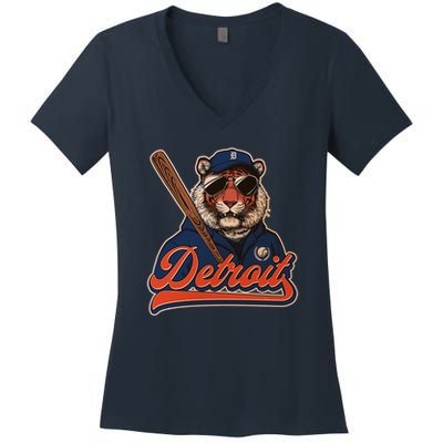 Retro Vintage Detroit Baseball Mascot Sports Fan Women's V-Neck T-Shirt