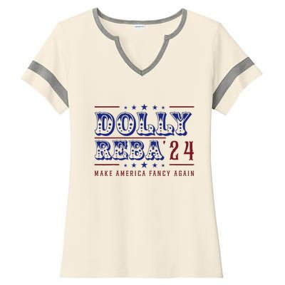 Retro Vintage Dolly And Reba 2024 Make America Fancy Again Ladies Halftime Notch Neck Tee