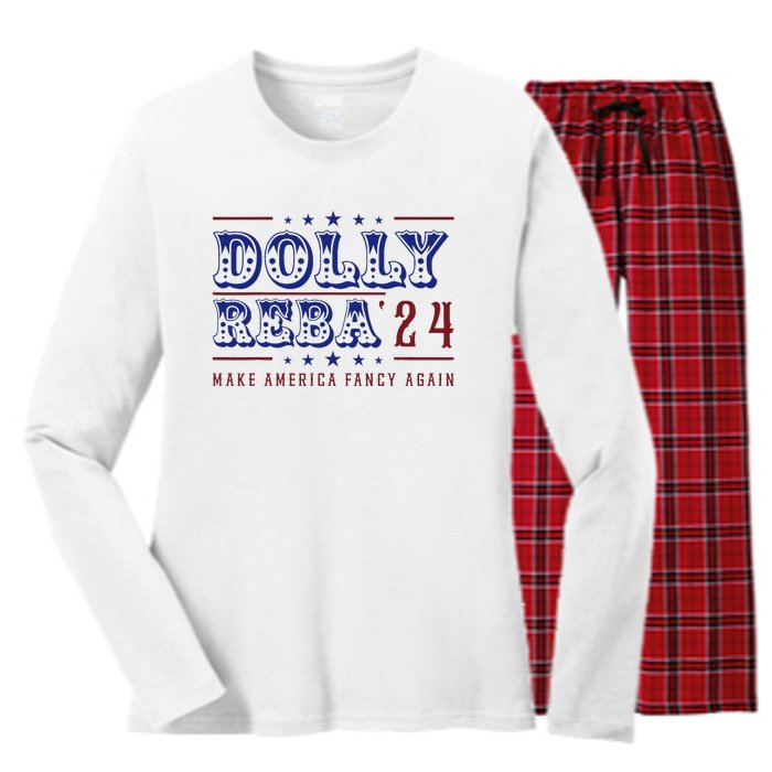 Retro Vintage Dolly And Reba 2024 Make America Fancy Again Women's Long Sleeve Flannel Pajama Set 