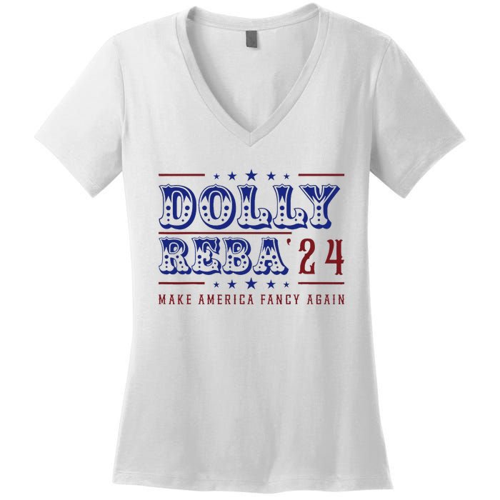 Retro Vintage Dolly And Reba 2024 Make America Fancy Again Women's V-Neck T-Shirt