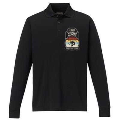 Retro Vintage Even Jesus Had A Fish Story Fishing Performance Long Sleeve Polo