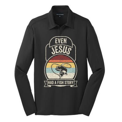 Retro Vintage Even Jesus Had A Fish Story Fishing Silk Touch Performance Long Sleeve Polo