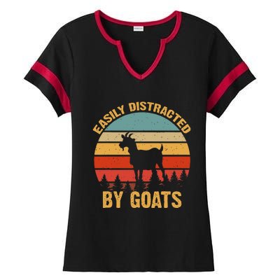 Retro Vintage Easily Distracted By Goats Funny Goat Lover Ladies Halftime Notch Neck Tee