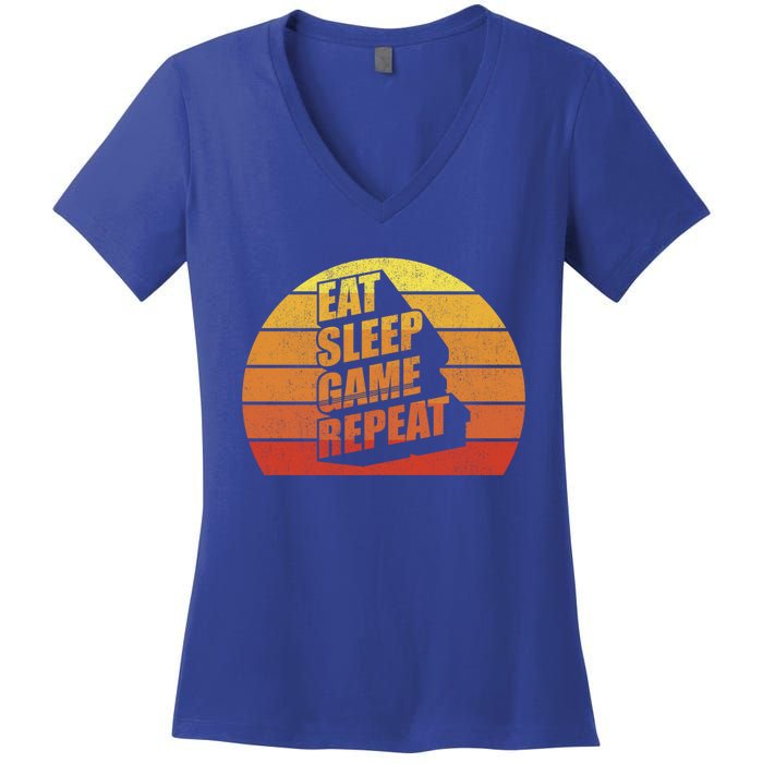 Retro Vintage Eat Sleep Game Repeat Gamer Funny Gift Funny Gaming Gift Women's V-Neck T-Shirt