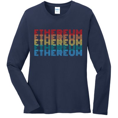 Retro Vintage Ethereum, Crypto Currency, Blockchain, ETH Logo, ETH Coin Lovers Ladies Long Sleeve Shirt