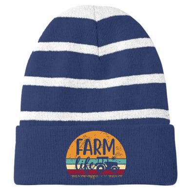 Retro Vintage Farm Life Farming Tractor Family Farmer Gift Striped Beanie with Solid Band