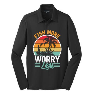 Retro Vintage Fishing Theme Print Silk Touch Performance Long Sleeve Polo