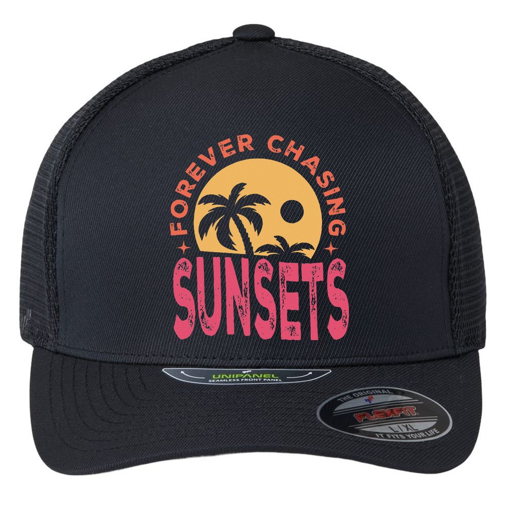 Retro Vintage Forever Chasing Sunsets Summer Vacation Outfit Flexfit Unipanel Trucker Cap