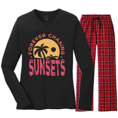 Retro Vintage Forever Chasing Sunsets Summer Vacation Outfit Women's Long Sleeve Flannel Pajama Set 