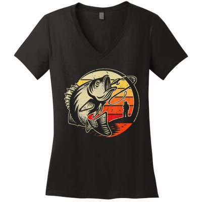 Retro Vintage Fly Fishing Fly Fishermans funny animal Women's V-Neck T-Shirt