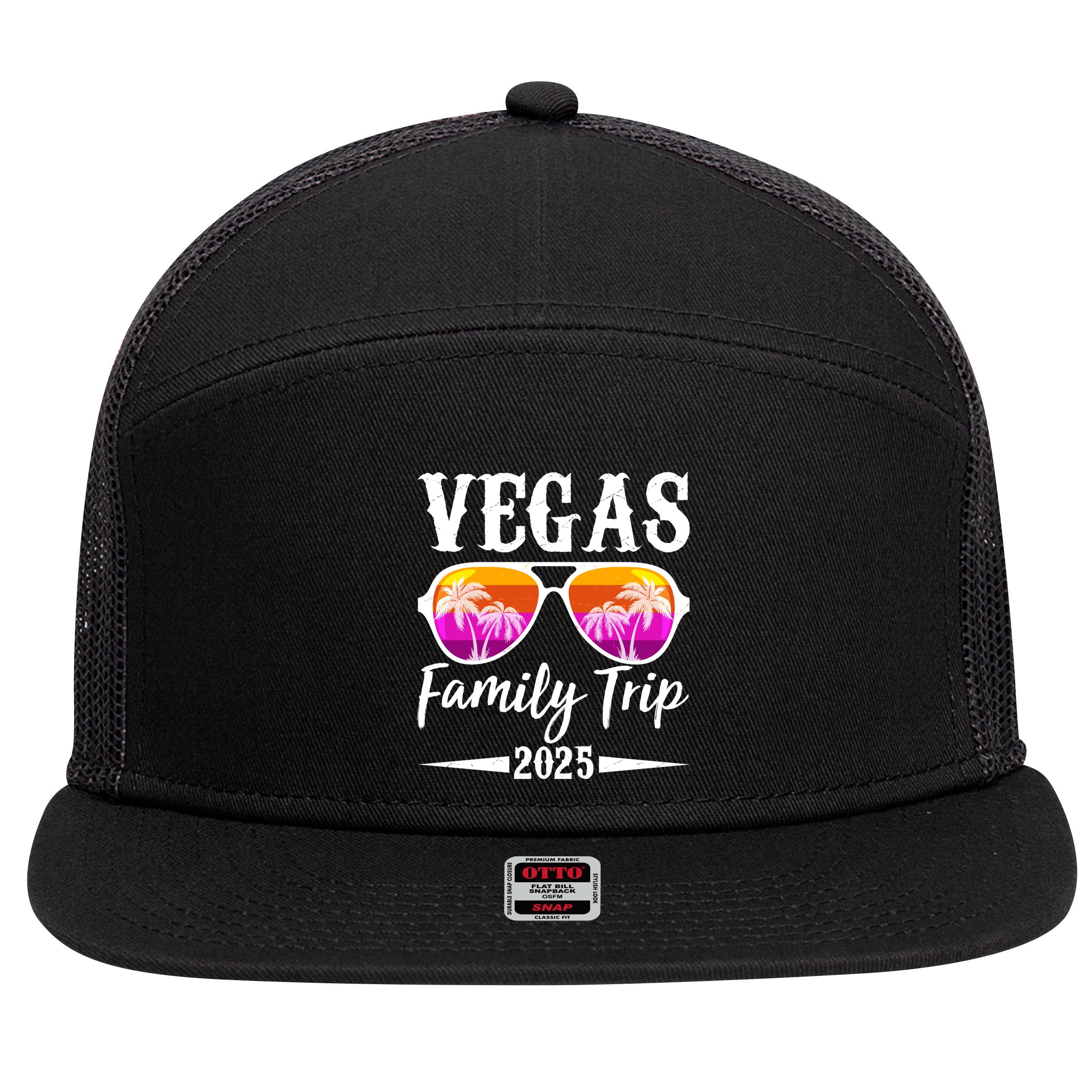 Retro Vegas Family Trip 2025 7 Panel Mesh Trucker Snapback Hat