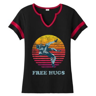 Retro Vintage Faded Cracked 70 80s Style Free Hugs Wrestling Ladies Halftime Notch Neck Tee