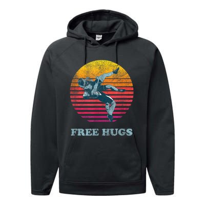 Retro Vintage Faded Cracked 70 80s Style Free Hugs Wrestling Performance Fleece Hoodie