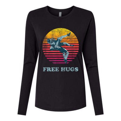 Retro Vintage Faded Cracked 70 80s Style Free Hugs Wrestling Womens Cotton Relaxed Long Sleeve T-Shirt