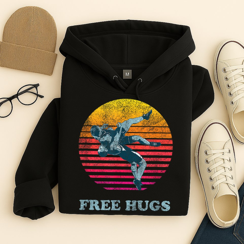 Retro Vintage Faded Cracked 70 80s Style Free Hugs Wrestling Hoodie