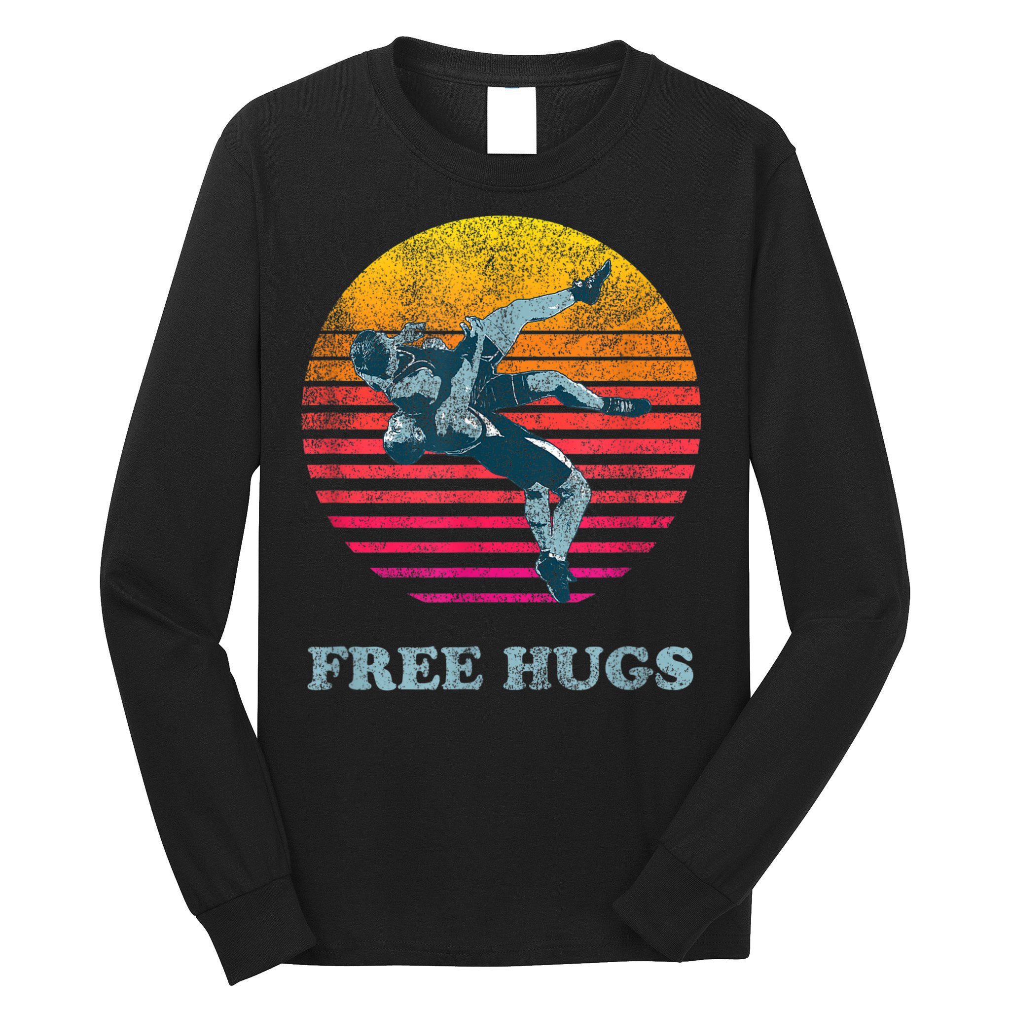 Retro Vintage Faded Cracked 70 80s Style Free Hugs Wrestling Long Sleeve Shirt