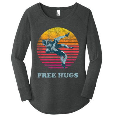 Retro Vintage Faded Cracked 70 80s Style Free Hugs Wrestling Women's Perfect Tri Tunic Long Sleeve Shirt