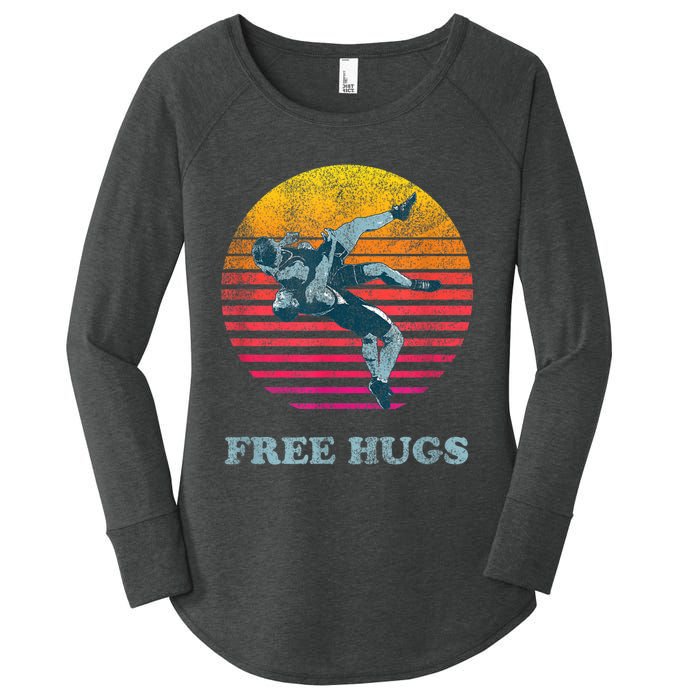 Retro Vintage Faded Cracked 70 80s Style Free Hugs Wrestling Women's Perfect Tri Tunic Long Sleeve Shirt