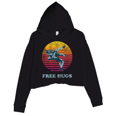 Retro Vintage Faded Cracked 70 80s Style Free Hugs Wrestling Crop Fleece Hoodie