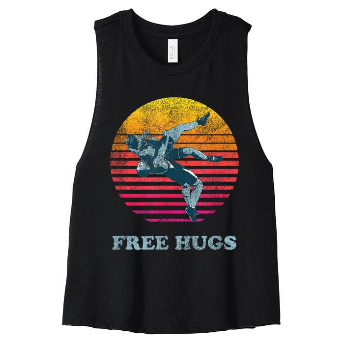 Retro Vintage Faded Cracked 70 80s Style Free Hugs Wrestling Women's Racerback Cropped Tank